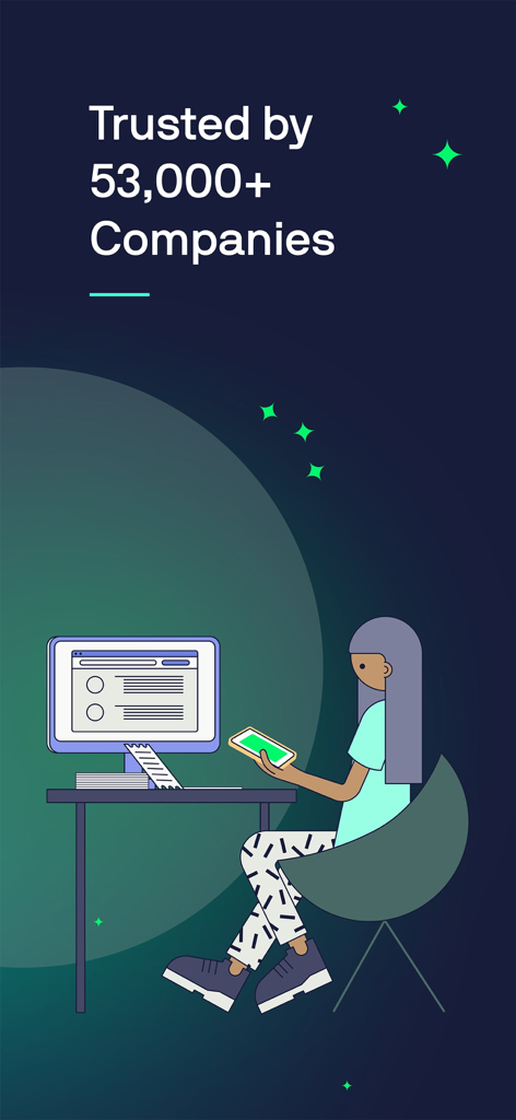 Veryfi Receipts OCR & Expenses - Illustration of a professional at a desk with text stating Veryfi is trusted by over fifty three thousand companies