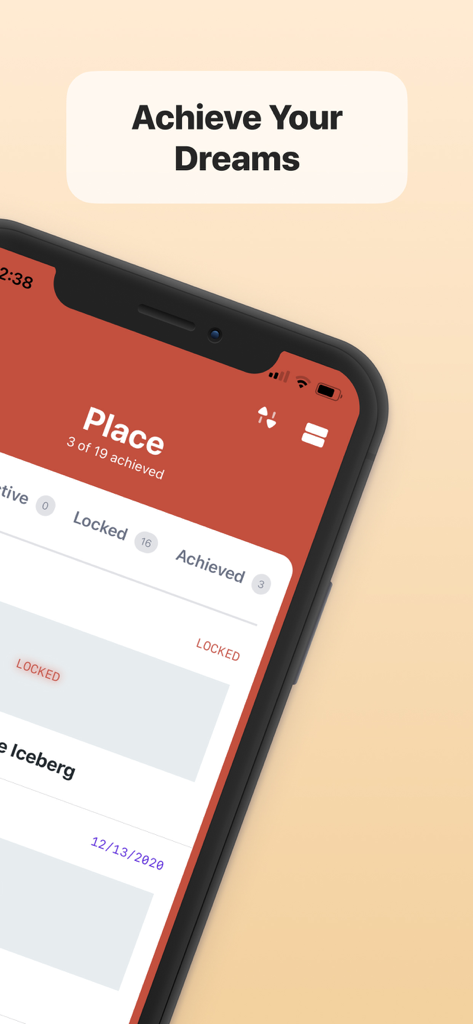 Smartphone screen displaying the Bucket app interface for tracking life goals and achievements