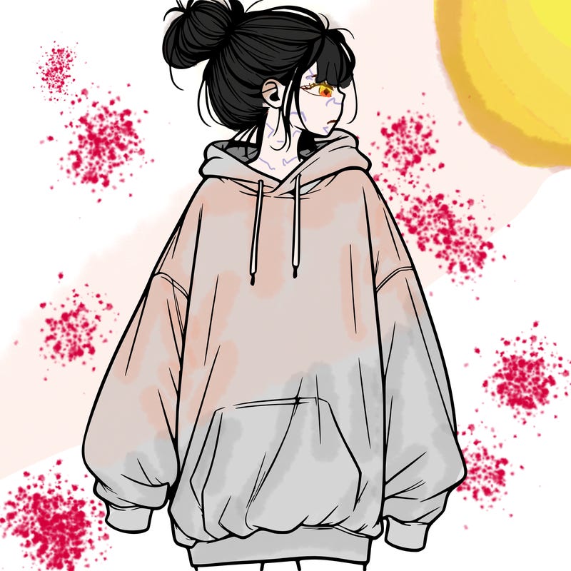 realistic girl with a oversized sweatshirt on and a bun