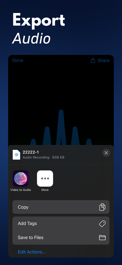 Video to Audio: MP3 Converter+ - Interface for exporting and saving converted audio files to mobile storage