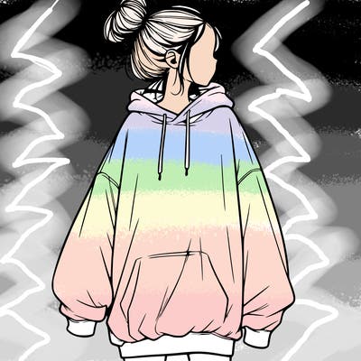 realistic girl with a oversized sweatshirt on and a bun