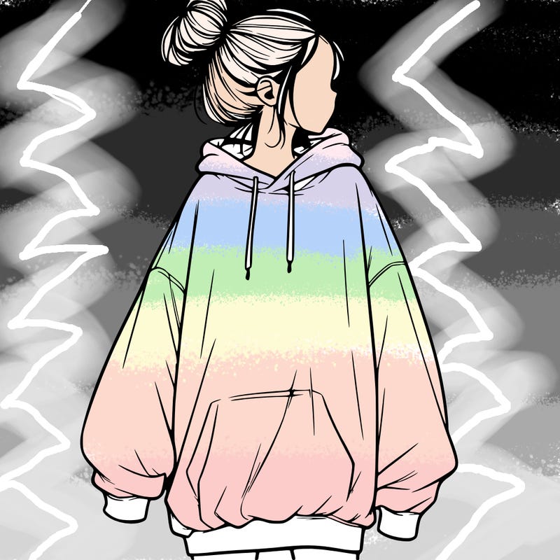 realistic girl with a oversized sweatshirt on and a bun