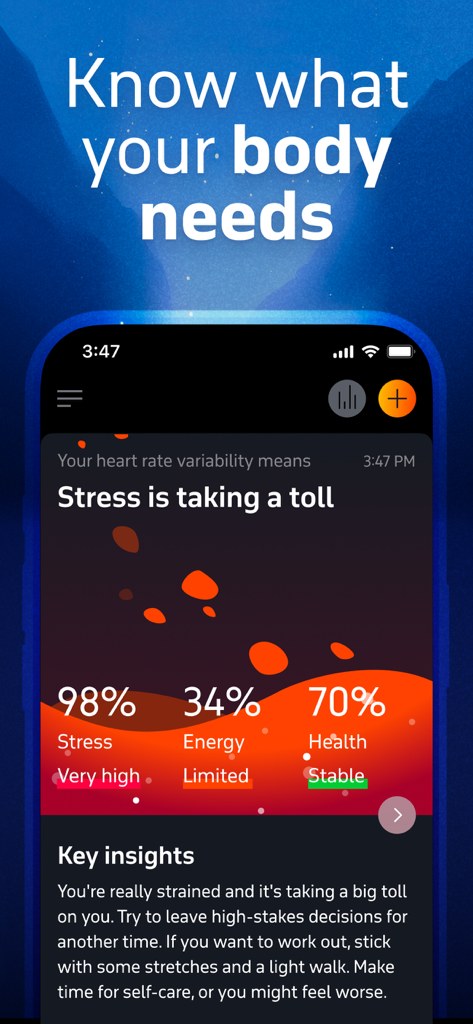 Welltory app interface showing real-time stress energy and health levels with personalized wellness advice
