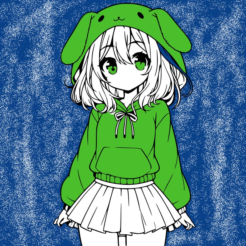 pretty anime girl wearing a fluffy hoodie with bunny ears on the hood and a skirt