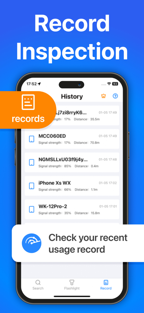 Find Air：My Device Tracker Pro - Find Air app history screen showing tracked Bluetooth devices and signal strength.