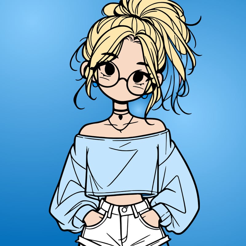 girl with a messy ponytail glasses a baggy crop top and jean shorts
