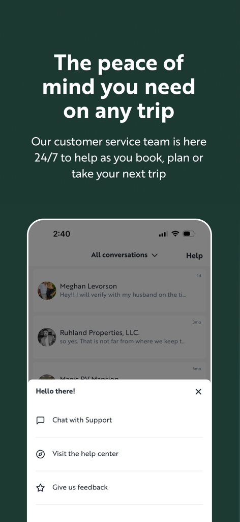 Outdoorsy - Rent an RV - Outdoorsy app interface showing 24/7 customer support options and user messaging screen