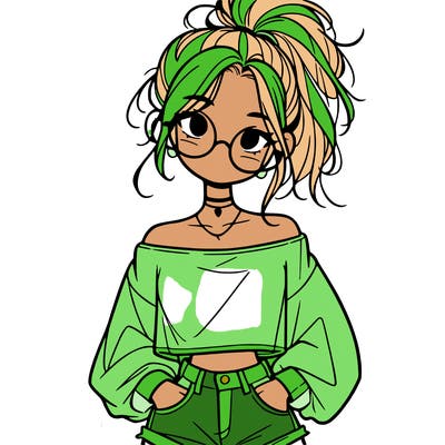 girl with a messy ponytail glasses a baggy crop top and jean shorts