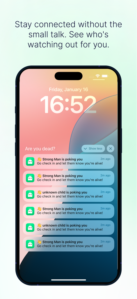 Are You Dead? - Still Alive? - iPhone lock screen showing multiple check in notifications from friends on the Are You Dead app
