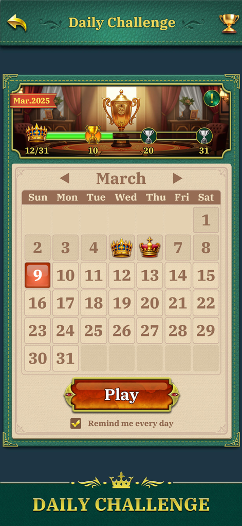 Daily Challenge calendar screen in Deluxe Solitaire showing monthly progress and trophies