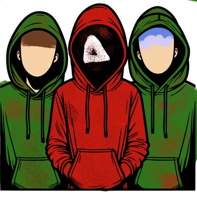 3 faceless people in  hoodies