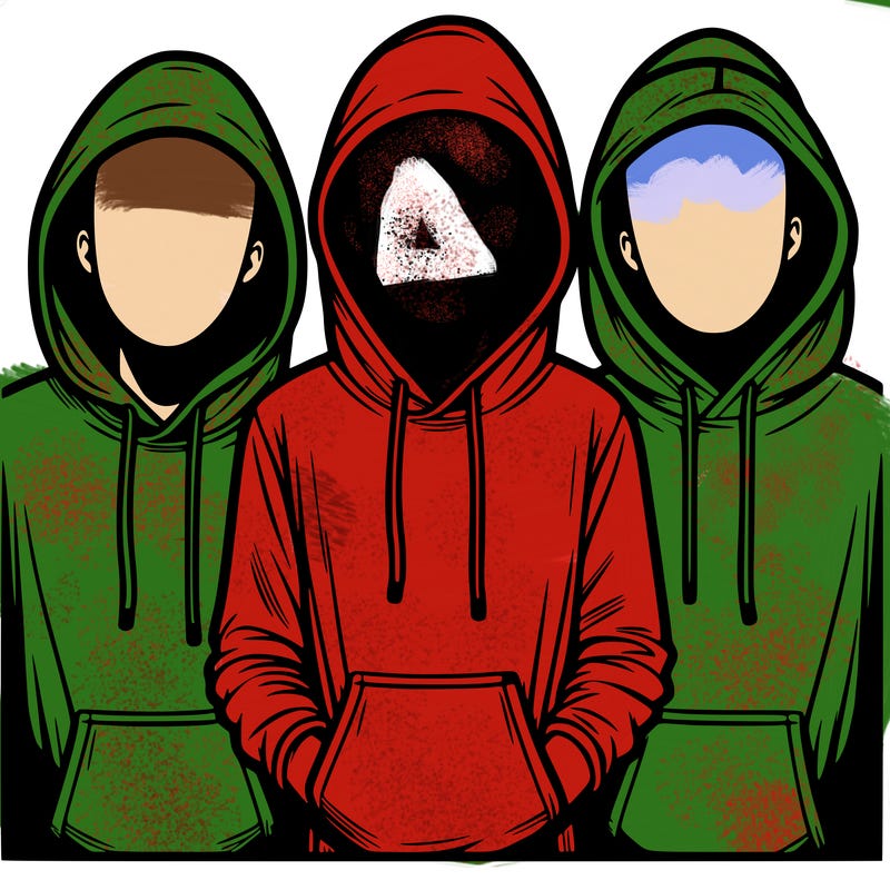 3 faceless people in  hoodies