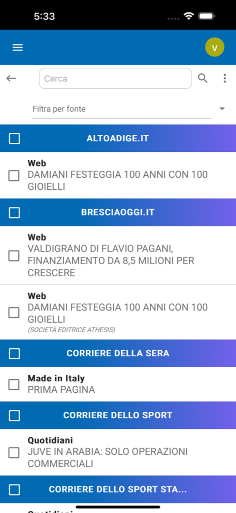 MyVP - Mobile app interface displaying a list of news articles and press mentions categorized by media source for professional monitoring