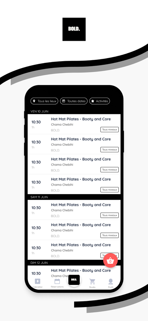 BOLD. - Interfaz de la app de fitness BOLD mostrando una lista de clases de Pilates programadas con fechas y horas