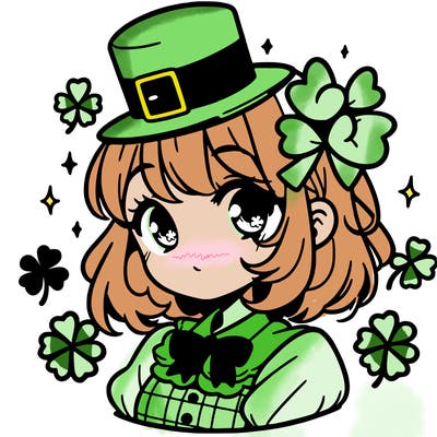 a manga-style girl with clovers around her, a little hat in her hair, like it's saint patrick's day