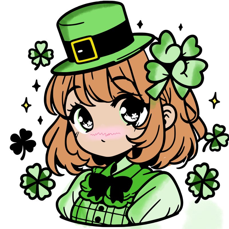 a manga-style girl with clovers around her, a little hat in her hair, like it's saint patrick's day