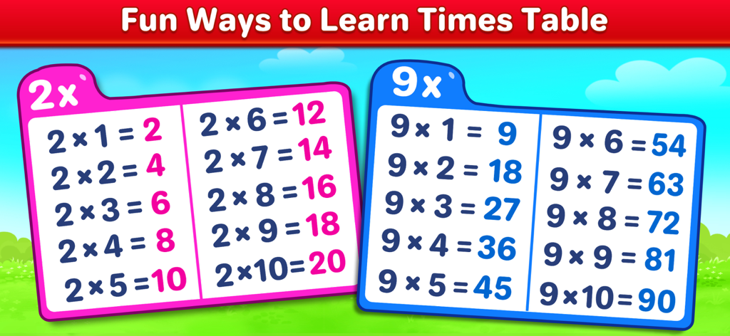 Multiplication Math For Kids - Grafici educativi colorati che mostrano le tabelle di moltiplicazione per i numeri due e nove