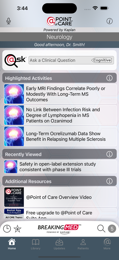 Neurology @Point of Care - Neurology at Point of Care app dashboard showing clinical activities and research updates for neurologists.