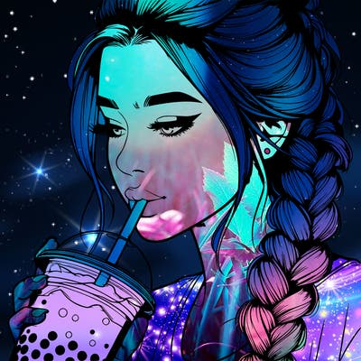 realistic girl drinking boba tea with braided hair