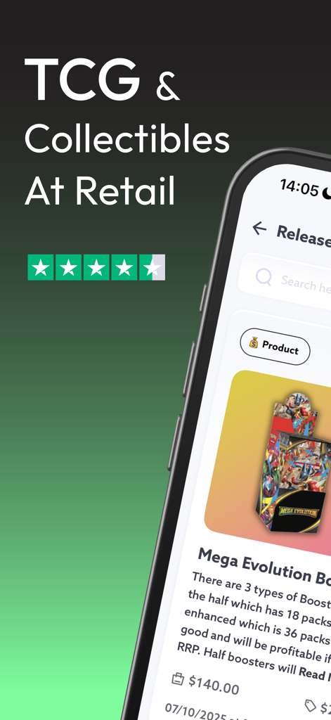 CCN: TCG & Collectible Alerts - CCN App-Bildschirm, der TCG- und Sammlerartikel zu Einzelhandelspreisen anzeigt.