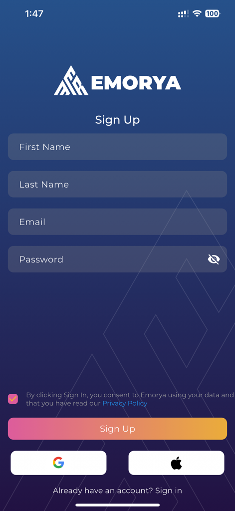Emorya - Registration page of the Emorya app featuring a sign up form and social login options for Google and Apple