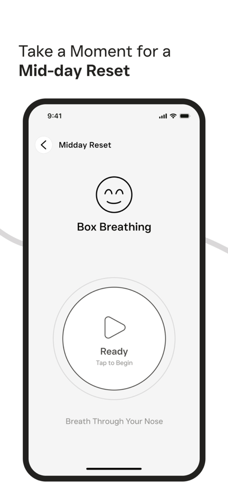 Mirra: Affirmation & Gratitude - Mirra app interface for a midday reset box breathing session