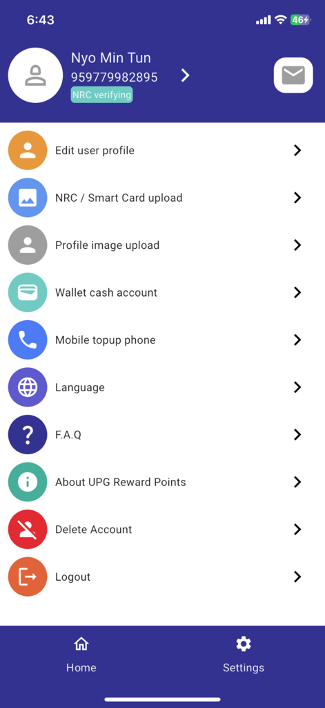 UPG Rewards - Pantalla de configuración y gestión de perfiles de la aplicación UPG Rewards