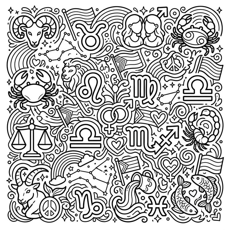 Unleash your creativity with this magnificent coloring page, blending the cosmic wonder of all twelve zodiac signs with the vibrant spirit of Pride Month. Celebrate love, diversity, and astrology as you bring this intricate design to life with your favorite colors.