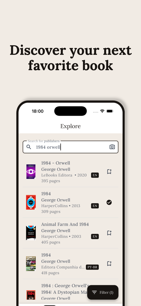 Readaily — Book Reading Habit - Smartphone screen showing book search results for George Orwell in the Readaily app
