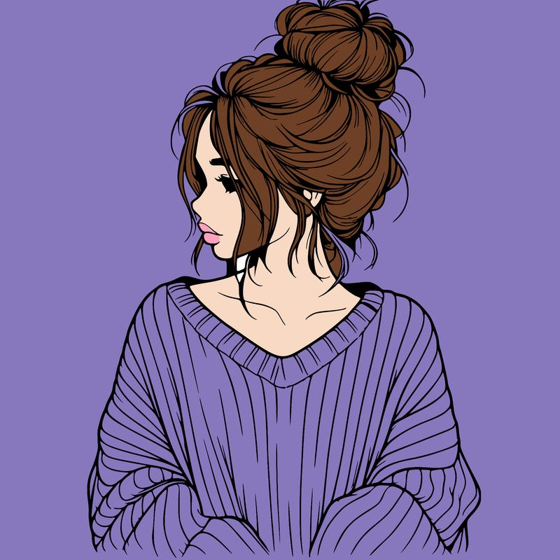 realistic girl wearing a messy bun and an oversized sweater