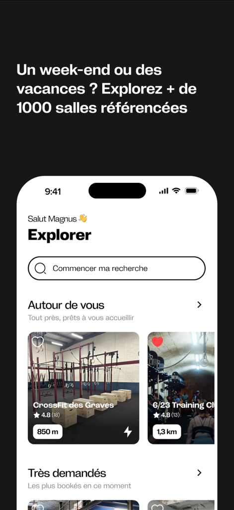Peppy | Réservez simplement - Interfaz de la aplicación móvil Peppy que muestra una barra de búsqueda y listados de gimnasios locales para descubrir