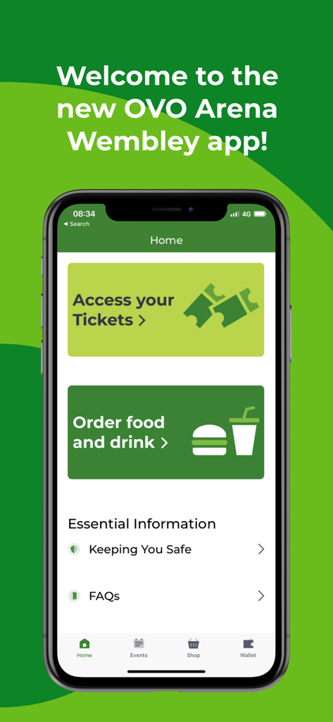 OVO Arena Wembley - OVO Arena Wembley app home screen showing ticket access and food ordering buttons