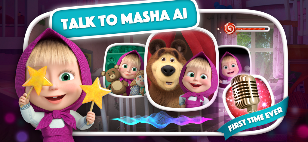 Masha and the Bear AI for Kids - Tela promocional do aplicativo Masha e o Urso IA destacando o recurso de conversa interativa com Masha e um ícone de microfone