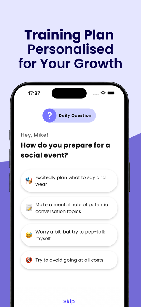charisme: Social Anxiety Coach - Smartphone screen showing a daily question for social anxiety coaching on the charisme app.