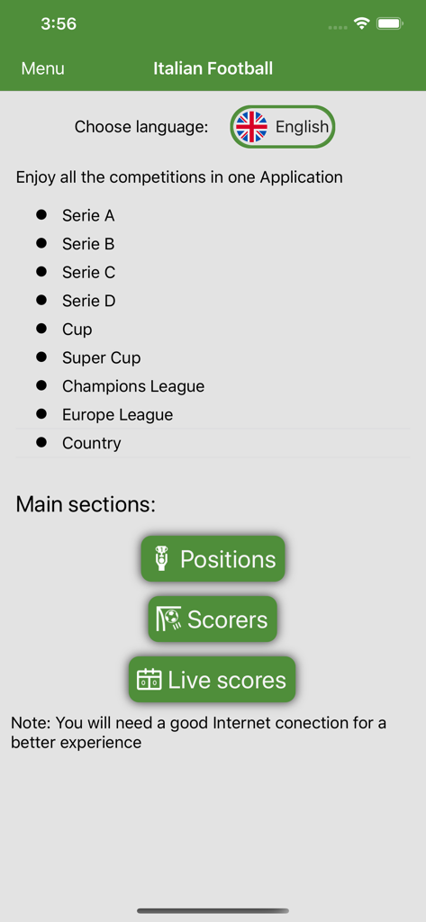 Menu principale dell'app Italian Soccer Live che visualizza i campionati di calcio e i pulsanti di navigazione per le classifiche e i risultati in diretta