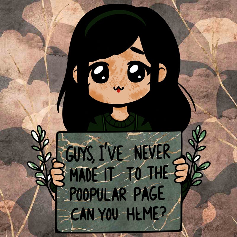 a girl holding up a sign that says, guys, i’ve never made it to the popular page, can you help me?