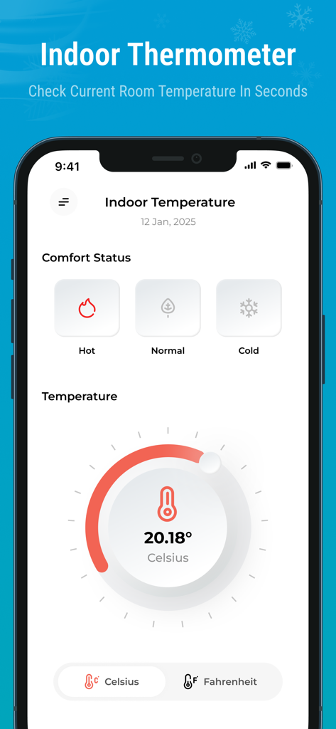 Interfaccia dell'app Termometro Interno che mostra la temperatura ambiente in Celsius con icone di stato di comfort