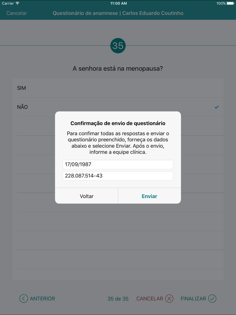 EasyDental Anamnese - Uma tela de confirmação de questionário digital de saúde do paciente no iPad para uma clínica odontológica