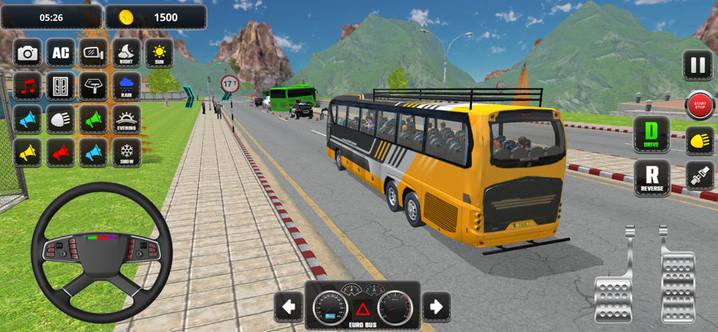 RoadMaster: Bus Simulator - yellow bus driving on a scenic road with steering wheel and dashboard controls