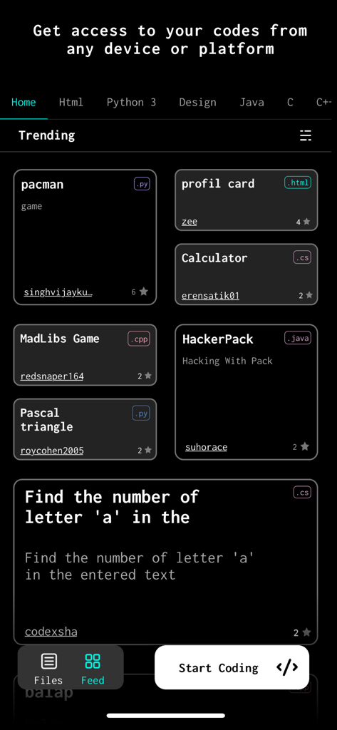 Interfaz de la aplicación Dcoder que muestra un feed de proyectos de código populares de la comunidad en varios lenguajes como Python, HTML y Java.