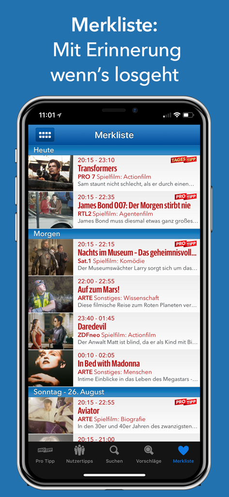 iPhone screen showing the Merkliste watchlist feature in the TV Pro Classic app with a schedule of upcoming movies and TV shows.