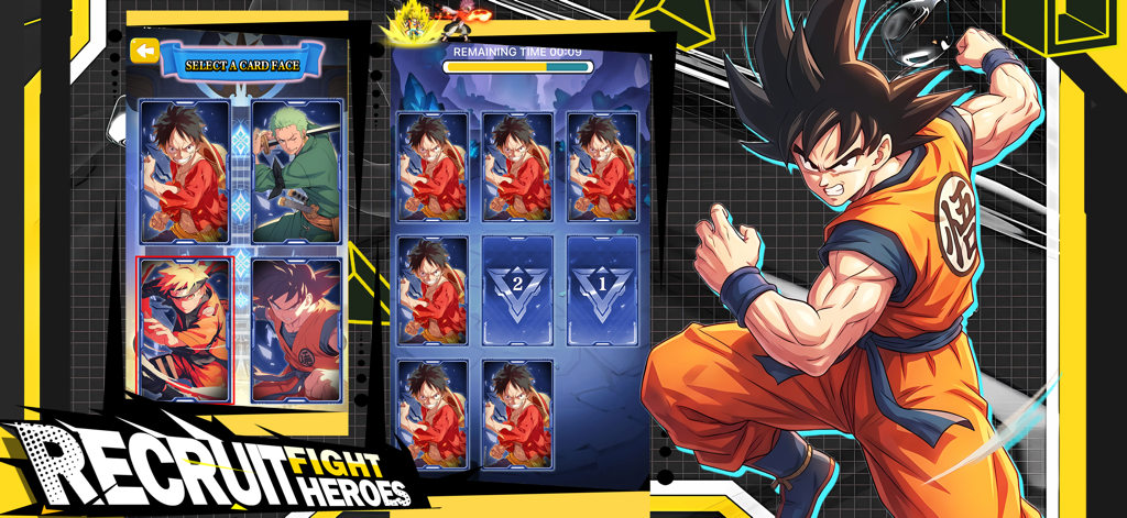 Pixel Anime Rumble - Gameplay screenshot of Pixel Anime Rumble showing character card selection and matching puzzle mechanics.