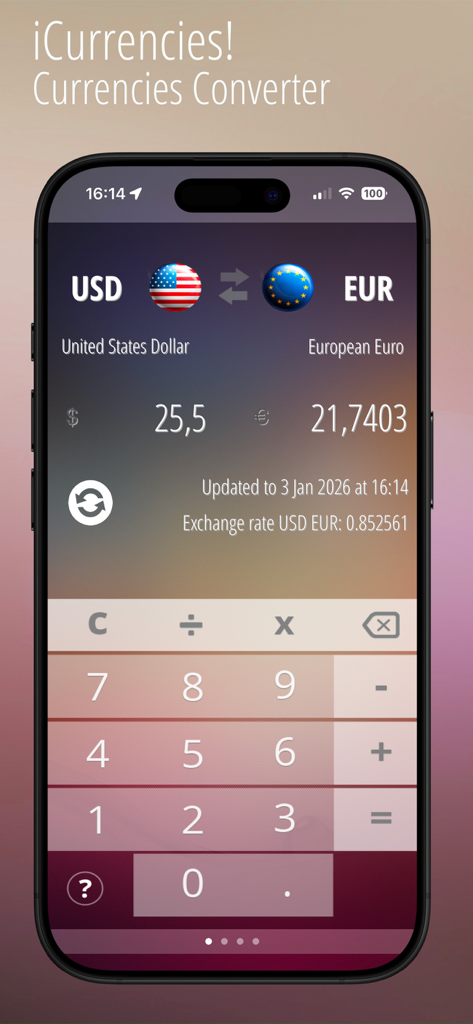 iCurrency Converter app screen showing USD to EUR exchange rate with a built-in numeric keypad.