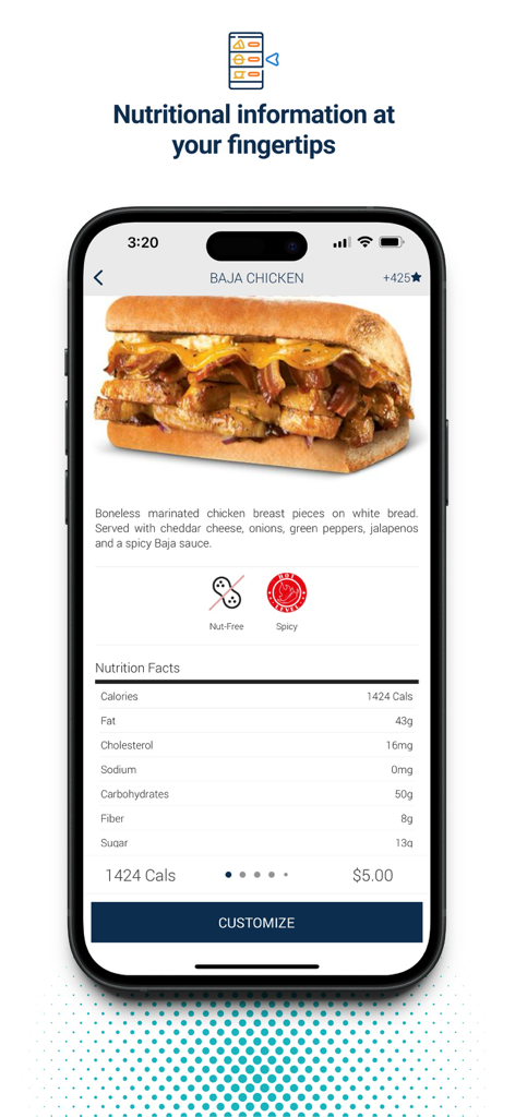 Transact Mobile Ordering - Transact Mobile Ordering app interface displaying detailed nutritional facts and pricing for a Baja Chicken sandwich.