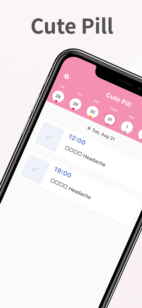 Cute Pill Reminder - Interface of the Cute Pill Reminder app showing a daily medication schedule and pink calendar header