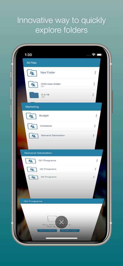 Syncplicity mobile app displaying stacked folders for quick navigation on an iPhone