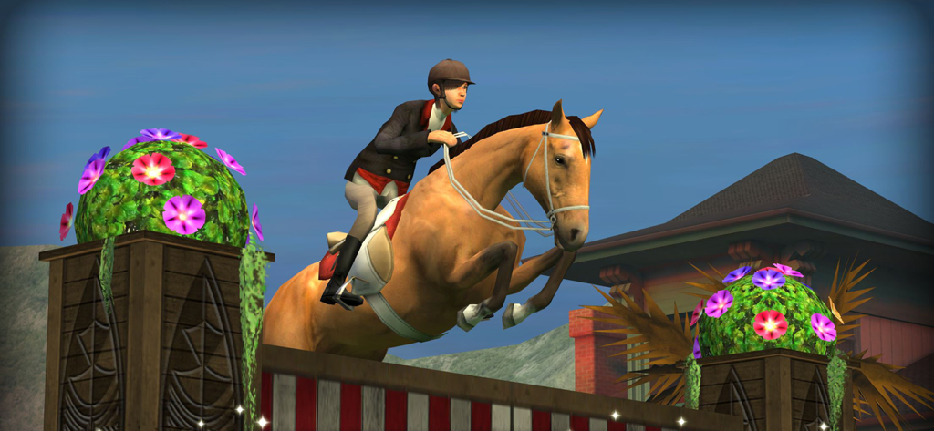 My Horse 모바일 게임에서 장애물 비월을 수행하는 사실적인 3D 말과 기수