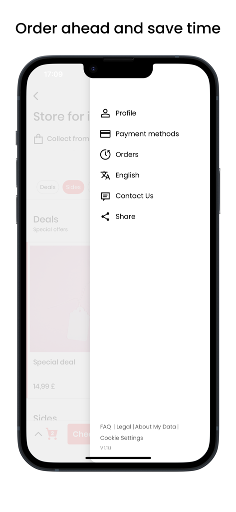 Freshly Chopped mobile app sidebar menu featuring profile payment methods and order history