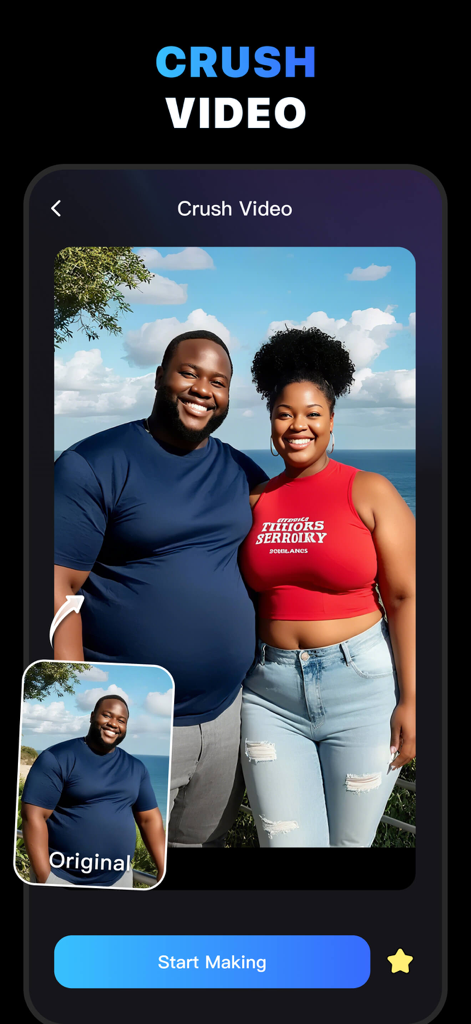 MotionAI: AI Video Filter - Interfaz de la aplicación MotionAI que muestra la función Crush Video para transformar fotos individuales en videos de pareja.