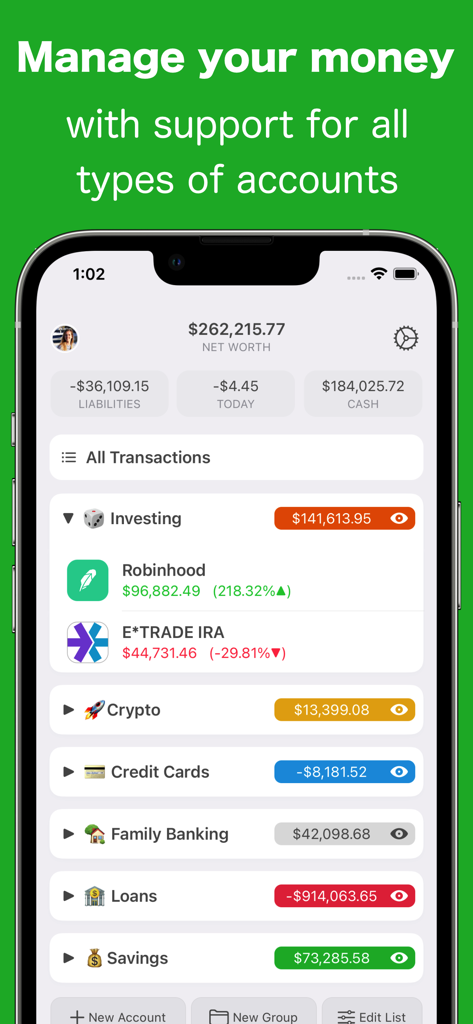 Interfaz de la aplicación MoneyWiz 2026 que muestra el patrimonio neto y una lista de tipos de cuentas, incluyendo inversiones, criptomonedas y ahorros.